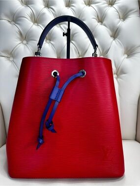 Louis Vuitton Noe Red Epi Leather Bucket Bag with Blue Drawstring